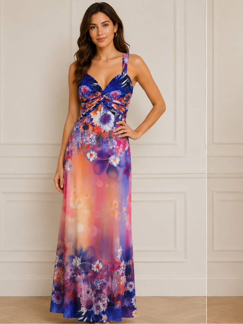 MISS MORENA LONG FLORAL SUMMER SUN DRESS MAXI PURPLE BLUE PINKS ORANGE SZ LARGE